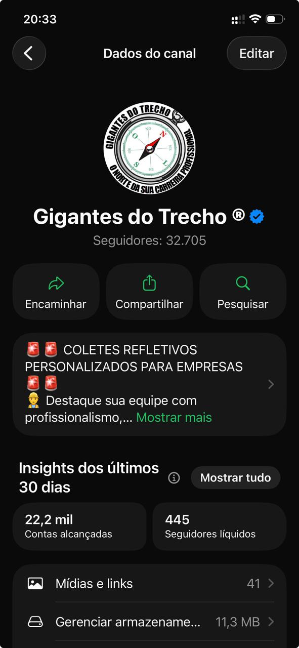 Canal oficial Gigantes do Trecho no WhatsApp, com 32.705 seguidores na imagem enviada