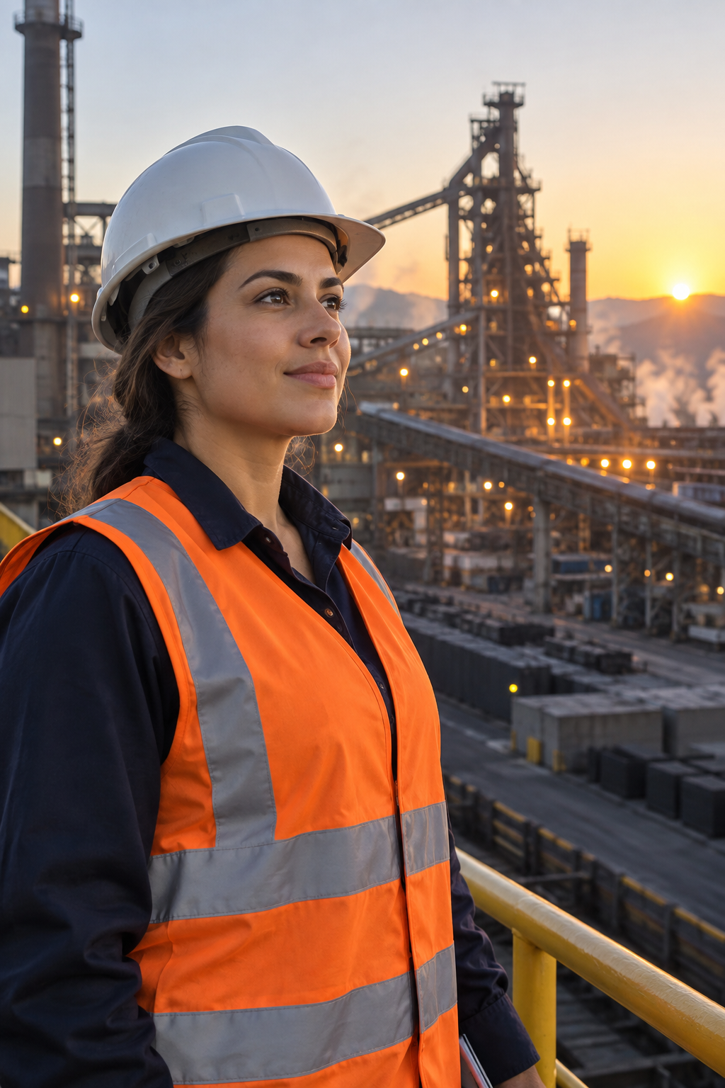 Engenheira com equipamento de proteção em uma planta industrial
