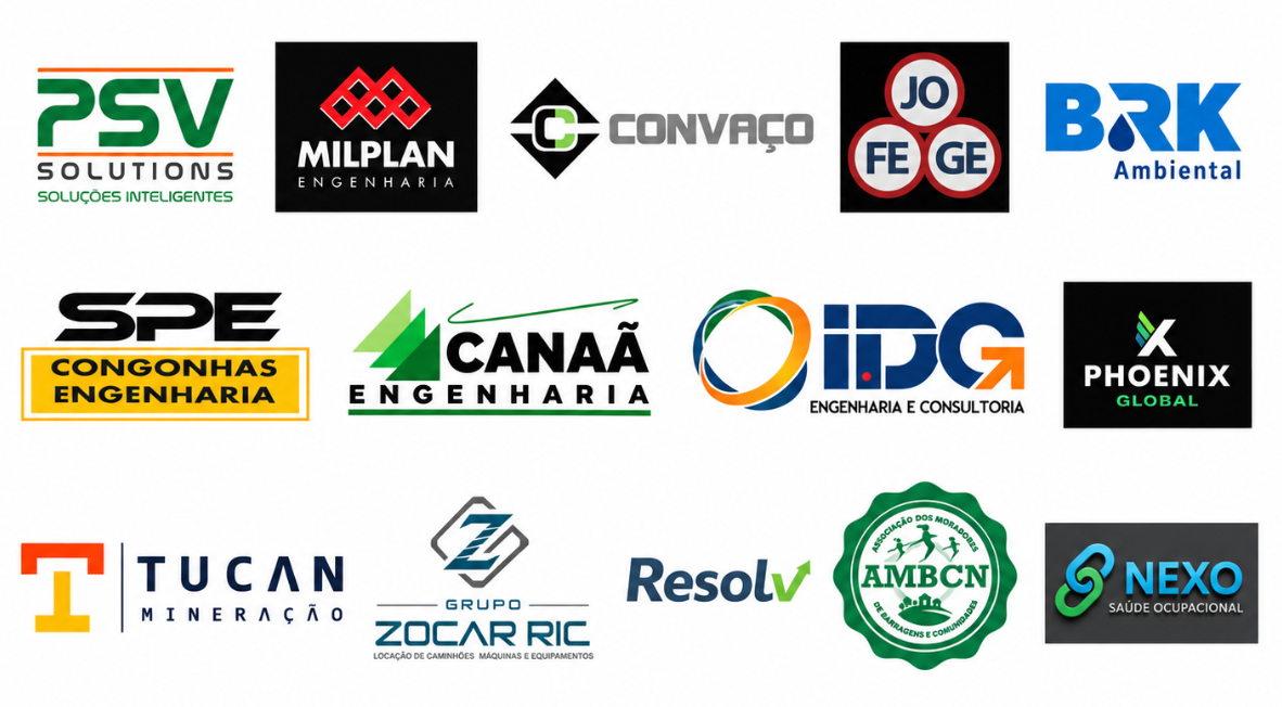 Logos das empresas parceiras PSV Solutions, Milplan Engenharia, Convaço, Jo Fegge, BRK Ambiental, SPE Congonhas Engenharia, Canaã Engenharia, IDG, Phoenix Global, Tucan Mineração, Grupo Zocar Ric, Resolv, AMBCN e Nexo Saúde Ocupacional